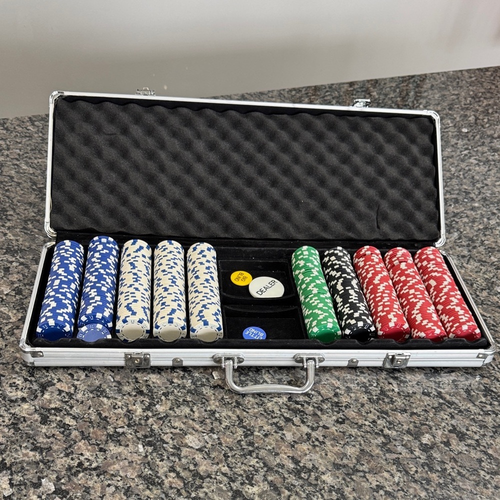Poker Chip Set with Blue, White, Green, Red & Black Chips